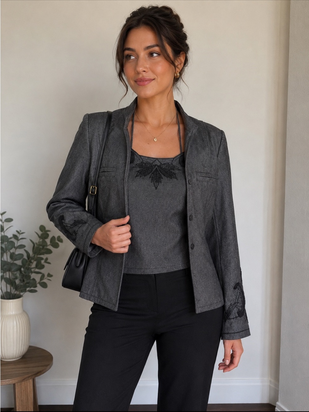 Company Ellen Tracy 2-Piece Blazer & Halter Top Set Gray Denim Look Embroidered